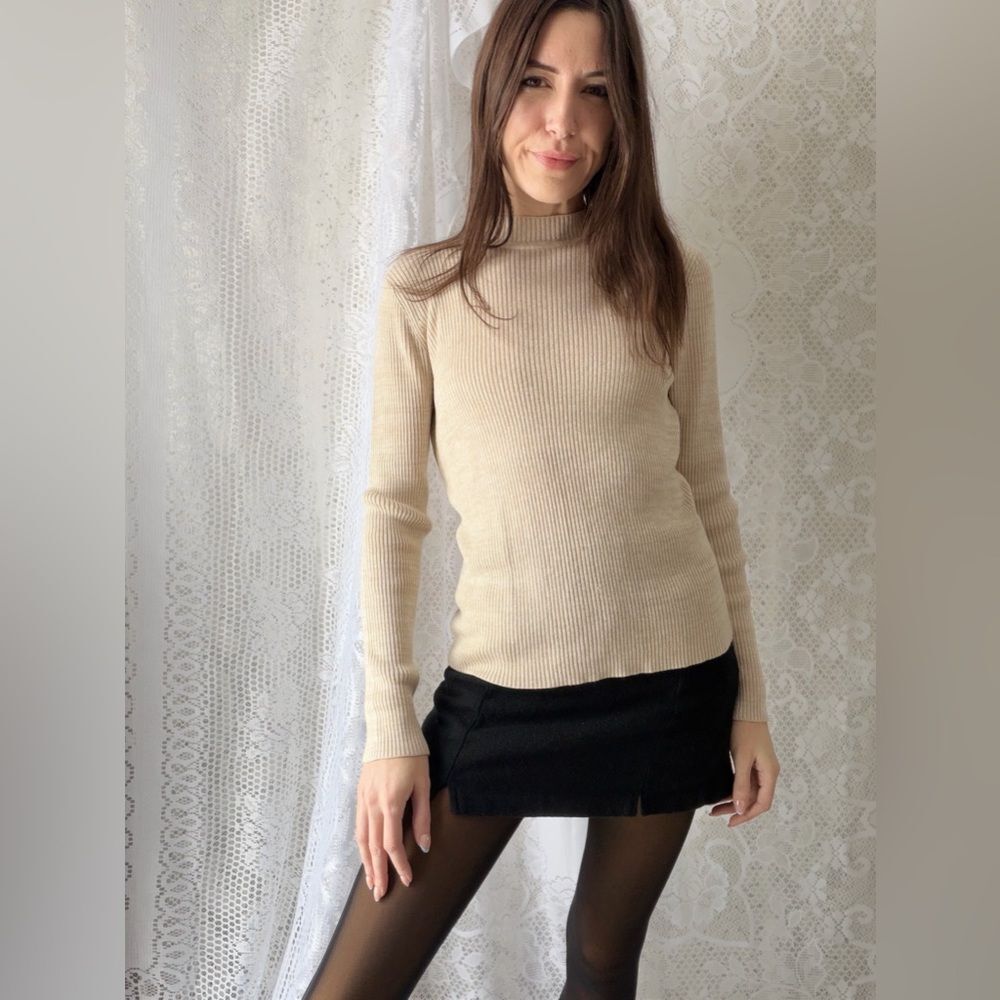Vintage 90s Ribbed Mock Neck Sweater Sag Harbor Beige - Picture 9 of 12